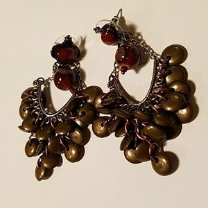 Cluster Drop Pierced Earrings Bronze Burgundy Beads